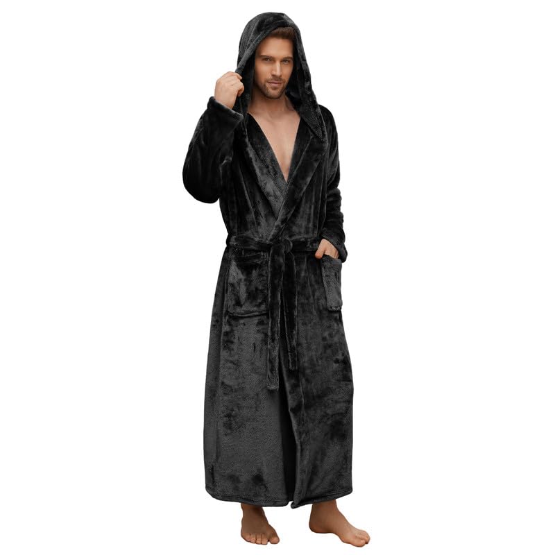 U2SKIIN Herren Fleece Bademantel mit Kapuze, in voller Länge verdickter Plüsch Bademantel warm für Männer dicker Robe (Schwarz, L/XL)