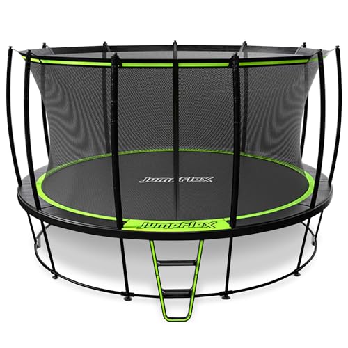 JumpFlex Hero Round Outdoor Backyard Trampoline with Net Safety Enclosure and Ladder, 14ft - Heavy-Duty Jumping Trampoline Play Equipment for Family