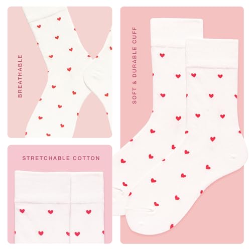 Image of Women's Cute Heart Pattern Crew Socks - 3 Pairs Colorful Novelty Gift Set - Soft Cotton Cozy Socks for Casual Wear