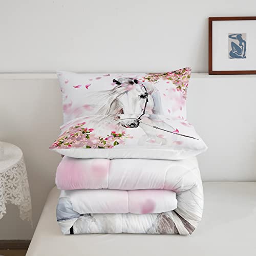 Girls Horse Comforter Set Queen Chic Cherry Blossom Bedding Set Boys Teens Galloping White Horse Duvet Insert 3D Wild Animal Horse Quilts Western Rustic Farmhouse Style Bedroom Decor 3 Pcs #TOP4