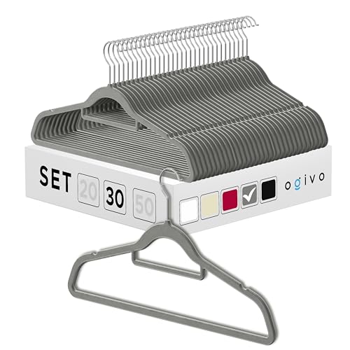 OGIVO Samt Kleiderbügel - 30er Set - rutschfest Bügel für Ihren Garderobe - kleine Stange für Krawatten - Haken um 360° drehbar - Einkerbungen im Schulterbereich - Hangers Clothes (Grau)