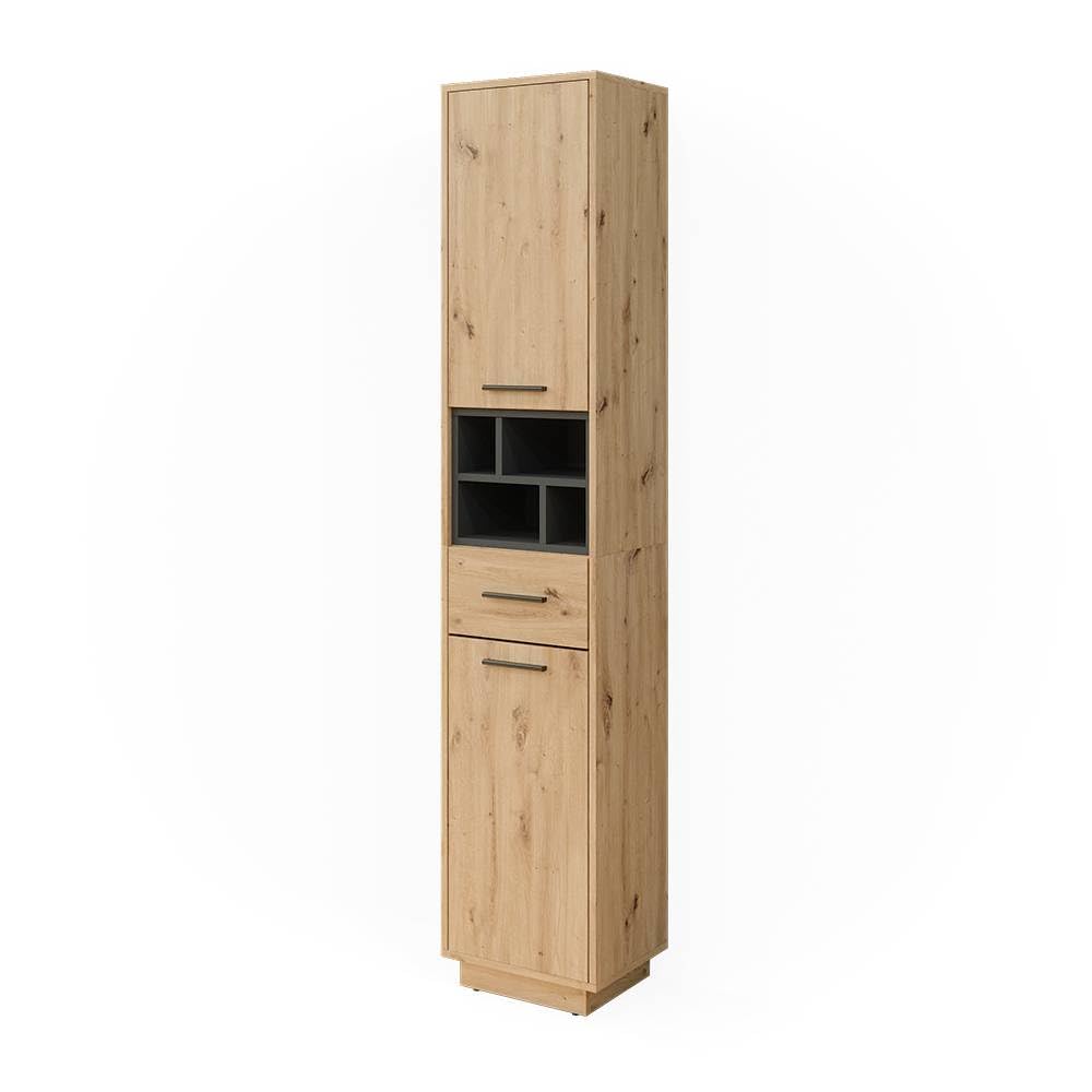Vicco Armario de baño Beatrice, Roble Artesanal/Antracita, 38 x 190 cm con Puertas, cajón, para el Almacenamiento de artículos de baño y Compatible con Beatrice