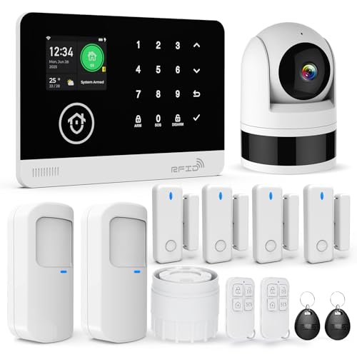 Sistema di Sicurezza Domestico con Telecamera, Sistema di Allarme WiFi/GSM SMS con Rilevatore di Movimento, Sirena di Allarme da 120dB, Telecomando Intelligente, Compatibile con Alexa(13 Pezzi)