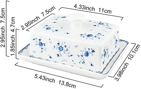 fanquare Blue Floral Ceramic Butter Dish with Lid and Handle, Rectangular Butter Container, Butter Serving Tray with Lid