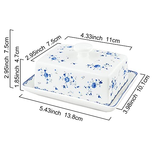 Fanquare Ceramic Butter Dish With Lid, Covered Butter Holder For Countertop, Porcelain Butter Container For Fridge, Butter Storage Tray, Blue Rose #TOP5