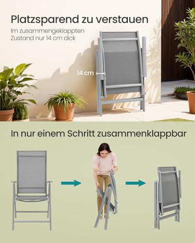 SONGMICS Gartenstuhl 2er Set, Klappstuhl, Outdoor-Stuhl, mit Metallgestell, 8-fach verstellbare Rückenlehne, bis 150 kg belastbar, grau GCB29GY