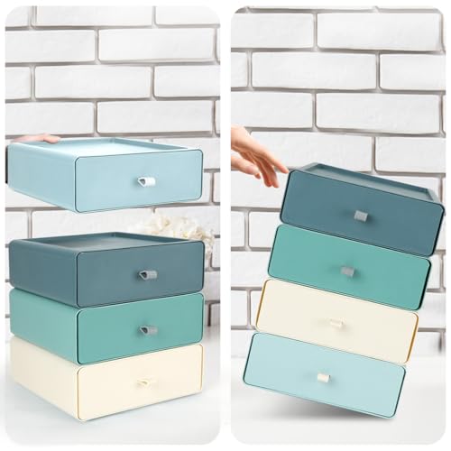 TIE-DailyNec 6 Stück Stapelbare Schubladenboxen, Kosmetik Organizer Schubladenbox, Aufbewahrungsbox mit Schubladen, Make-up Organizer für Schreibtische, Schminktische, Büros (6 Farben)