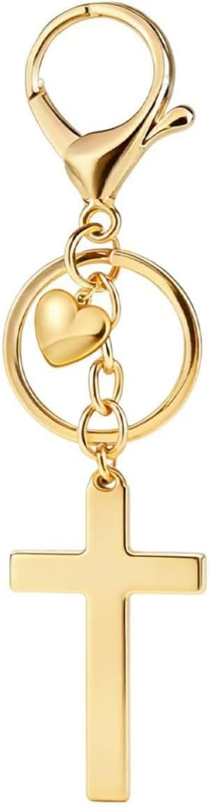 Gold Cross Keychain with Heart Charm, Religious Bag Charm for Women