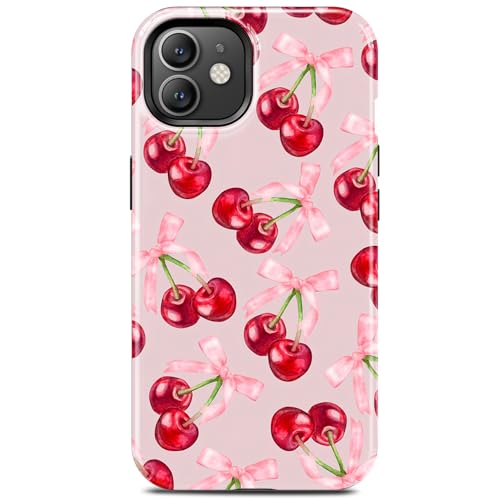 Coque iPhone 12 MagSafe antichoc en silicone fin avec motif cerise et joli nœud rose