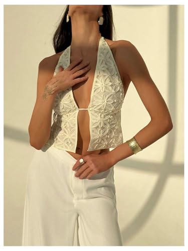 Verdusa Y2K Sexy Halter Top Floral Open Tie Back Going Out Crop Tops4