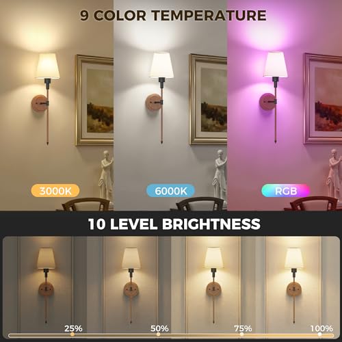 Image of DORESshop Battery Operated Wall Sconce Set of 2, Wireless Wall Light Easy to Install, 7 Color Rechargeable Wall Sconces, Sconce Wall Decor Set of 2 for Bedroom, Living Room, Black and Wood, 24.6in