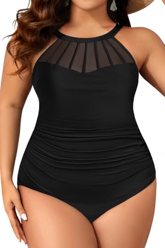 Aqua Eve Plus Size Women One Piece Swimsuit Tummy Control Bathing Suit High Neck Swimwear Black 14W