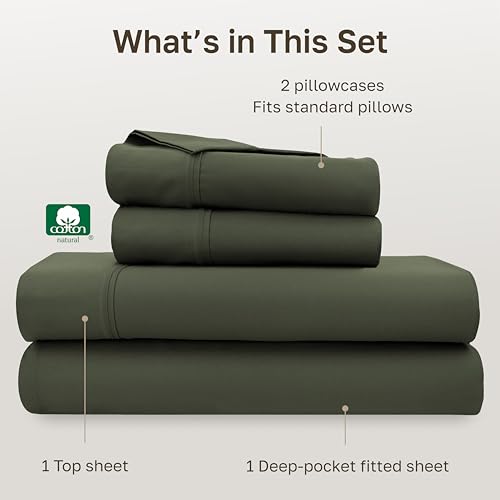 Image of California Design Den Full Size Sheets Set - Soft 400 Thread Count Sateen, Natural 100% Cotton Full Bed Sheets Set, Deep Pockets with All Around Elastic for a Snug Fit, Durable Bedding - Forest Green