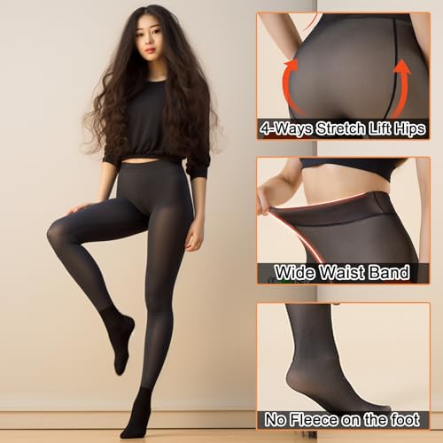 Image of Fleece Lined Tights, Warm Sheer Fleece Pantyhose, Fake Translucent Thermal Sheer Tights for Women