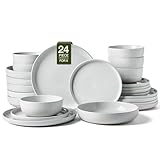 Picture of Famiware Milkyway Stoneware Dinnerware Sets with Pasta Bowls, Service for 6 (24 Pieces), Plates and Bowls Sets -Scratch Resistant, Microwave and Dishwasher Safe Dishes Set, Light Gray