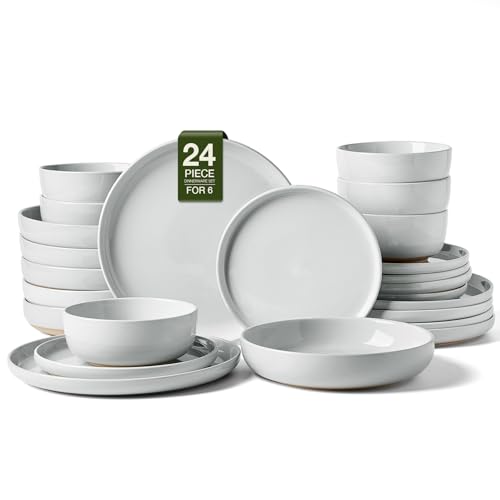 Image of Famiware Milkyway Stoneware Dinnerware Sets with Pasta Bowls, Service for 6 (24 Pieces), Plates and Bowls Sets -Scratch Resistant, Microwave and Dishwasher Safe Dishes Set, Light Gray