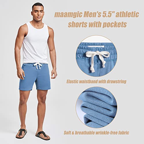 Maamgic Mens Athletic Gym Shorts 5.5" Elastic Waist Casual Pajama Pocket Jogger Men Workout Short Pants Dusty Blue #TOP1