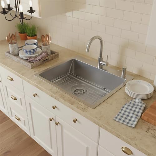 Beleeb Drop In Kitchen Sink 33x22\", 9\" Basin Depth, 18 Gauge Stainless Steel Sink, 3D Embossed Surface Finish Top Mount with Accessories