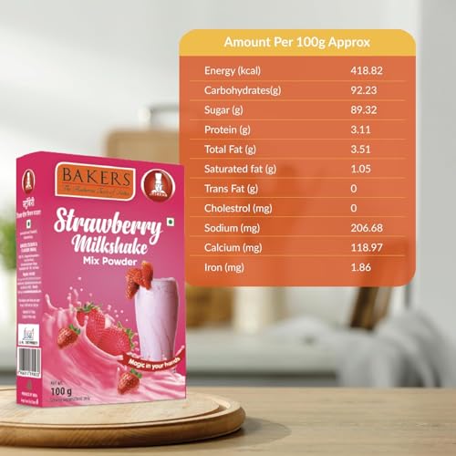 Image of BAKERS Milk Shake Mix Powder - Strawberry Flavor Pack of 4, Each 100g (400 Gram) | Instant Thick & Creamy Shake Mix | Rich & Delicious Dessert Drink | Ready to Mix with Milk | No Preservatives |Ready in 30 Sec