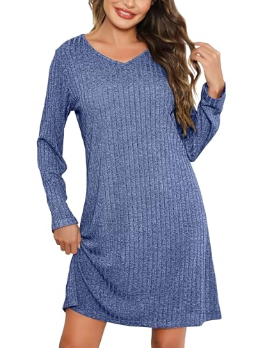Lovasy Camisones de Mujer Invierno Camisón Manga Larga Cuello V Ropa de Dormir Mujer Camison de canalé Super Suave,Azul,XL