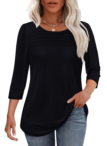 OFEEFAN Womens Tops 3/4 Length Sleeve Blouses Dressy Casual Spring Summer Fall Outfits Pleated Front T Shirts Curved Hem