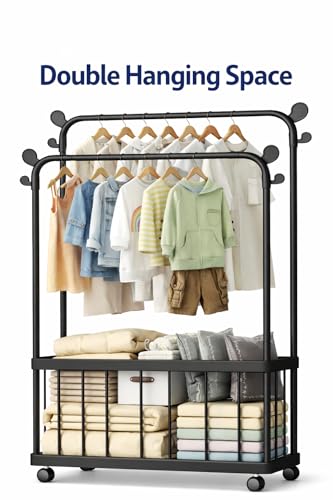 Image of Raawan Heavy Duty Double Rod Clothes Rack with Side Storage Shelves | Metal Garment Stand Organizer | Space Saving Cloth Hanger Stand for Bedroom, Living Room & PG (2 LAYER + BOX BLACK)