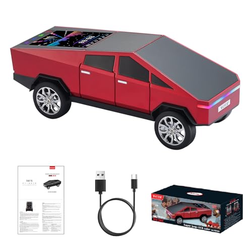 WS-580 Cybertruck Portable Bluetooth Speaker, Replica Car with Display Screen, HD Sound, TWS Pairing, FM Radio, Built-in Mic, Remote Selfie Control, LED Party Light, Gift for Car Lovers (Red)