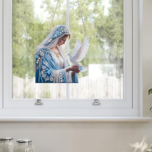 Image of AiYuanzsh Oversized Diamond Art Hanging Kit Virgin Mary with Dove, Religious Special Shaped Diamond Painting Suncatcher Ornament for Adults DIY Spiritual Wall Window Pendant Decor
