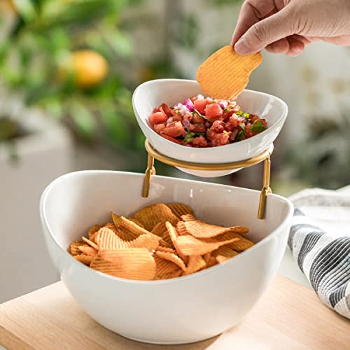 Yhosseun Chip And Dip Serving Set 2 Tiered Oval Dip Bowls With Metal Rack For Appetizer, Dessert, Fruit - Serving Bowls For Party Entertaining, Food Dispaly, Tortilla Holder - Gold Stand #TOP4