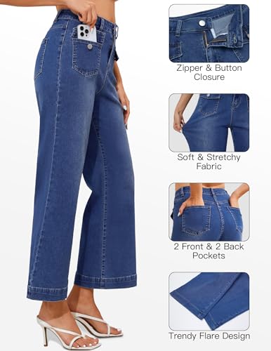 AMPOSH Women's Mid-Rise Cropped Flare Jeans with Wide Leg & Stretch | Trendy Baggy Denim Pants with 4 Pockets2
