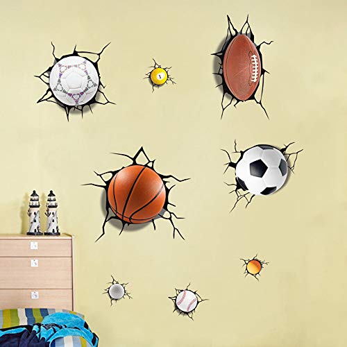 Supzone Sport Balls Wall Decals 3D Wall Stickers Break Through The Wall Removable Vinyl Diy Basketball Rugby Baseball Football Wall Decor Boys Playroom Bedroom Classroom Living Room #TOP2