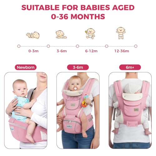Image of SNOWIE SOFT 3 in 1 Baby Carrier for 0 to 3 Year Baby, Ergonomic Variable Baby Carrier with Detachable Hip Seat, Adjustable Straps, Head Guard, Breathable Padded Cotton, Max Weight Up to 20 Kg (Pink)