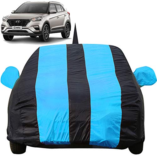 Image of Autofact Car Body Cover for Hyundai Creta with Mirror and Antenna Pocket (Light Weight, Triple Stitched, Heavy Buckle, Bottom Fully Elastic, Teak Blue Stripes with Navy Blue Color)