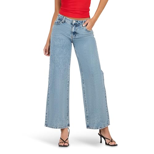 Forever 21 Women’s Rhinestone Heart Embellished Wide Leg Jeans, Color- Blue, Size- 4