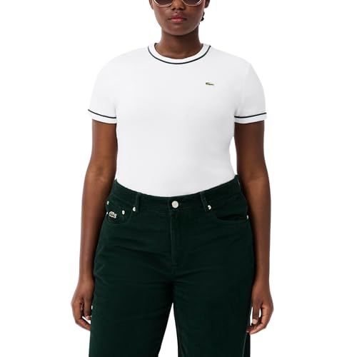Lacoste Women's Semi Fancy Heritage Short Sleeve T-Shirt, White/Navy Blue/Green, 12