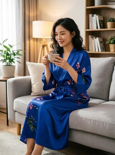 Image of Women's Classic 100% Silk Kimono Robe, Bathrobe-Printed Pattern
