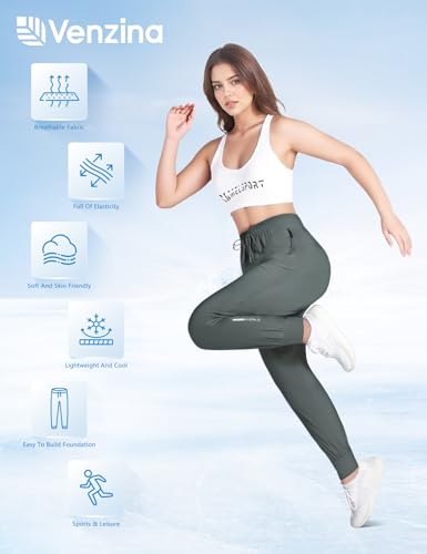 Image of Venzina Women's Lightweight Quick-Dry Icy Cool Straight Pants with Ankle Print, Athletic Breathable 4-Way Stretch Trousers for Gym, Running, Yoga & Casual Wear M-XXL