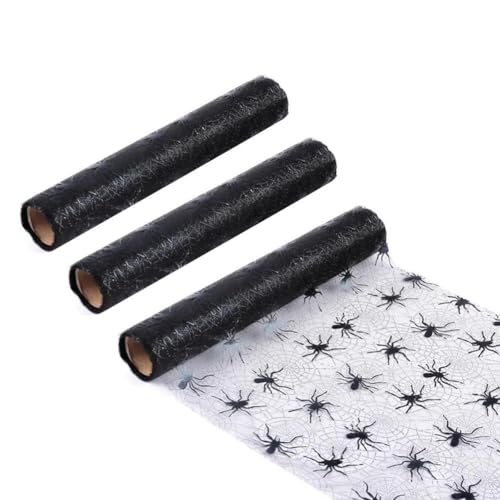 Sileduove Camino de mesa de Halloween para decoración de mesa de cocina, comedor, tela de malla de tul, 11 x 108 pulgadas, corte a medida, manteles individuales con patrón de telaraña, decoración de