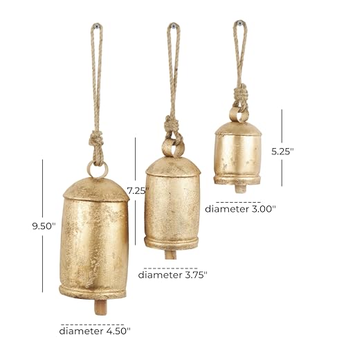 Deco 79 Gold Metal Tibetan Inspired Decorative Giant XL Cow Bells with Jute Hanging Rope, Set of 3 10",8",6"H - Cylindrical