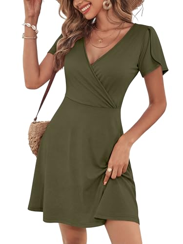 Image of ANRABESS Womens Summer Dresses Short Sleeve Wrap Deep V Neck A-Line Floral Dress Causal Flowy Boho Beach Vacation Sundress