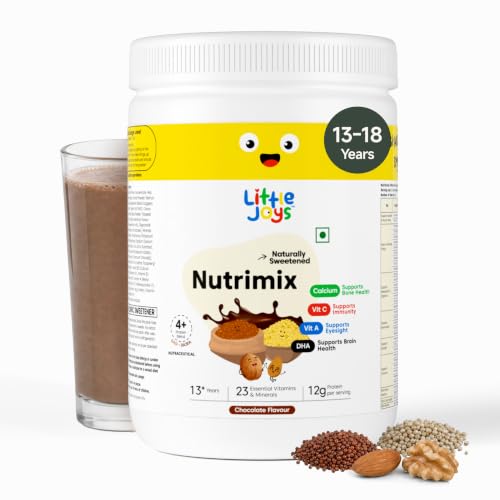 Image of Little Joys Chocolate Nutrimix 13+ (350g) | Naturally Sweetened with Dates & Jaggery | With 23 Essential Vitamins & Minerals | 12g Protein per Serving | Supports Overall Health & Development | With Ragi, Millet, Almonds & Oats | Chocolate Flavour Nutrition Drink Powder