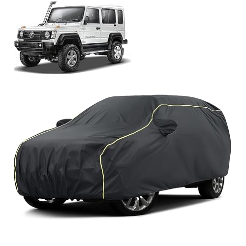 Image of Sulfar 100% Water Resistant Car Body Cover Compatible with Mirror for Force Gurkha (Triple Stitched, Full Bottom Elastic, Dark Grey Taffeta with Yellow Piping)
