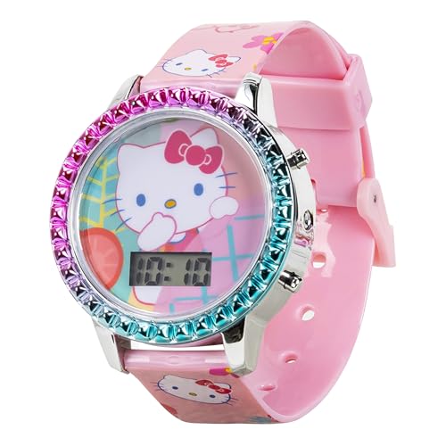 accutime sanrio hello kitty girls39 digital lcd quartz watch with pink strap and colorful bezel - fun led light show - easy to read time for kids - fits wrist 5534-834