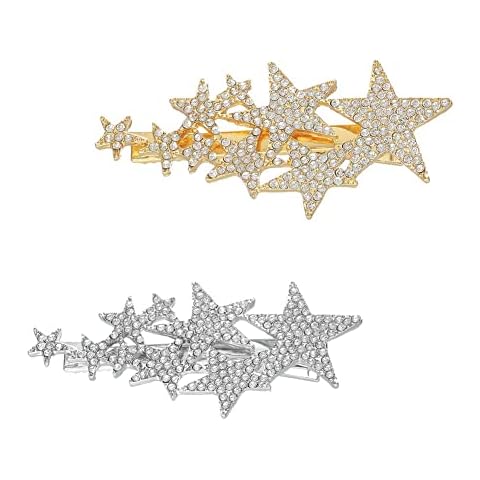2 Pack Five-pointed Star Hairpin Fashion Hair Clip Rhinestone Non-Slip Hair Clip Handmade Elegant Hair Pins Hair Accessories for Bridal Women Girls (Gold+Silver) (Pentagram) Cover