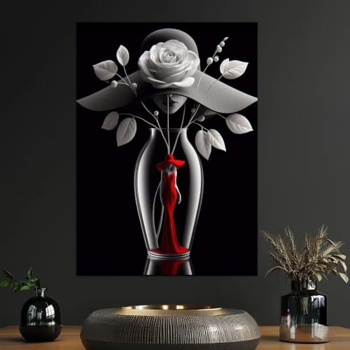 Tableau sur toile grand format femme rouge motifs floraux artistiques