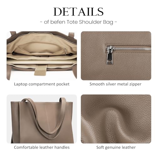 Image of befen Genuine Leather Tote Bag for Women Work Travel Leather Purse Handbags | Real Leather, Padded 14 inch Laptop Compartment, Multi-Pockets, Zipper, Tote Bag for Daily