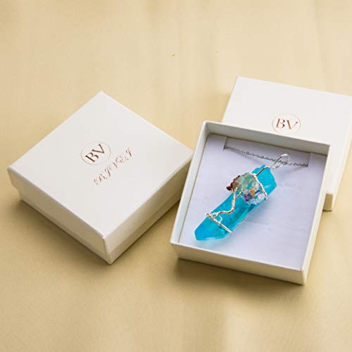 Bivei Tree of Life 7 Chakra Gemstone Copper Wire Wrap Irregular Clear Quartz Point Crystal Pendant Necklace(Silver Plated Chakra-Titanium Coated Blue)