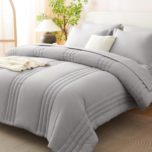 Image of CozyLux Queen Comforter Set French Grey - 7 Pieces Bed in a Bag, Modern Vertical Quilted Room Decor, Soft All-Season Bedding Gift with Comforter, Sheets, Pillowcases & Shams