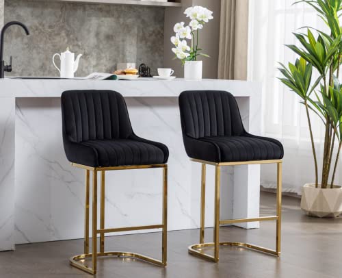 Cimota Counter Bar Stools With Gold Legs Set Of 2, 26 Inch Height Modern Bar Chairs Comfy Kitchen Island Stool Chairs Stripe Barstools For Home Bar/Pub/Restaurant, Velvet Black 2Pcs #TOP13