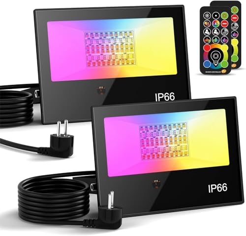 RGB LED Strahler Außen mit Fernbedienung, 2PCS RGBW 5000LM Dimmbar Farben Außenstrahler Outdoor, 3000K Warmweiß Fluter Flutlichtstrahler Farbwechsel Beleuchtung Flutlicht Garten IP66 Wasserdicht